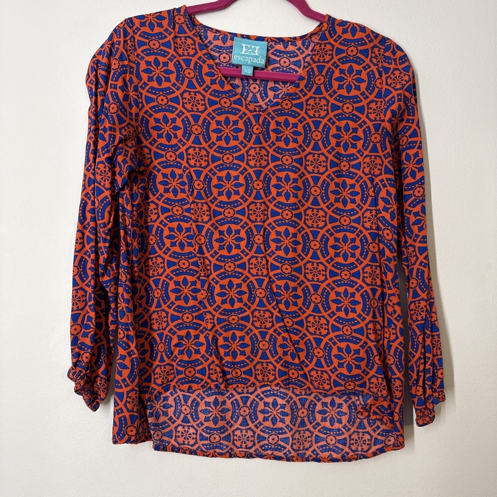 Escapada‎ Orange Blue Scoop Neck Resortcore Coastal Chic Blouse XS
